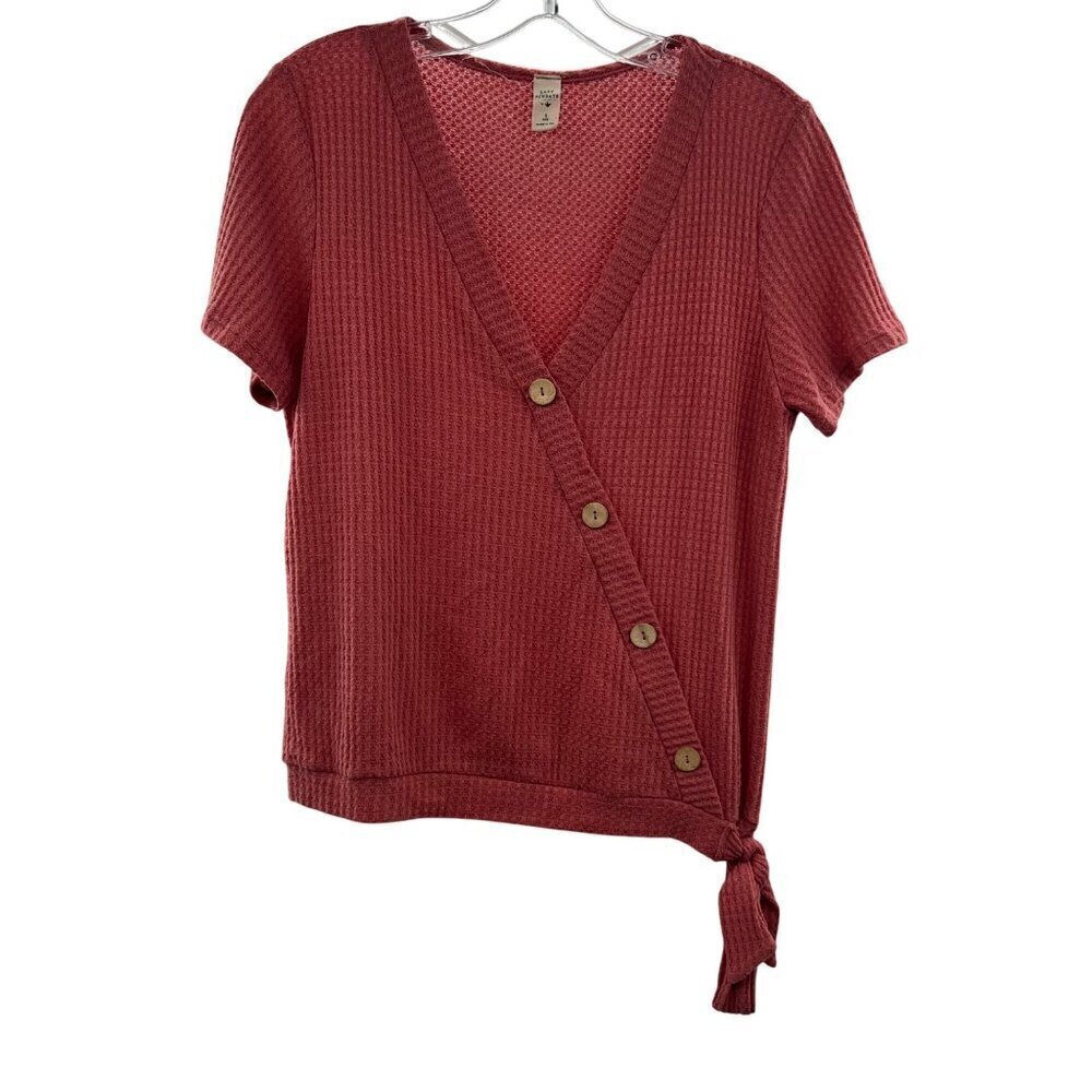 Lazy Sundays Women's Waffle Knit Short Sleeve Tie Hem Top Rosewood Size Small